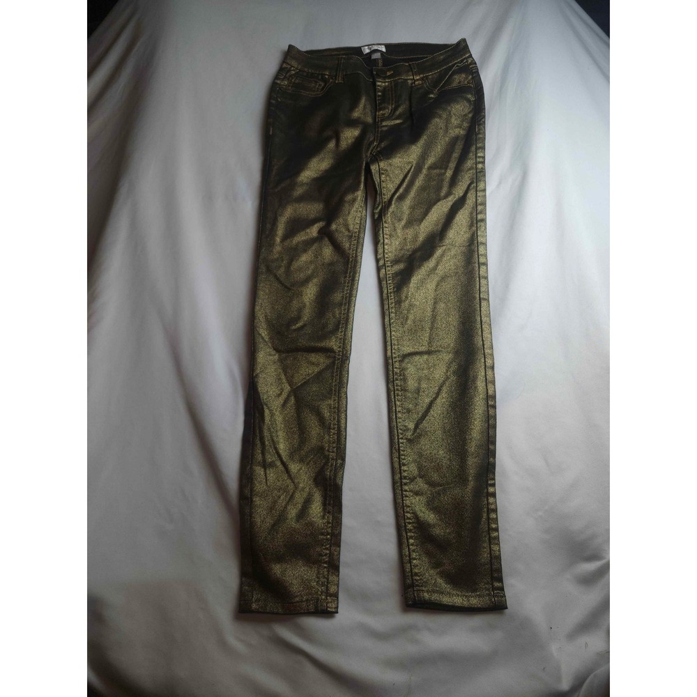 Bisou Bisou Womens Metallic Gold Skinny Jeans Size 2 Shimmer Coated Denim Pants